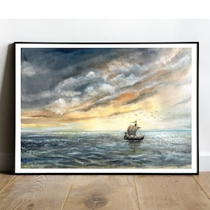 Vikings Drakkar Seascape - Canvas Fine Art Print, Watercolor Painting, Sailboat Nautic Medieval Ship Sea Waves Clouds, Home Office wall art