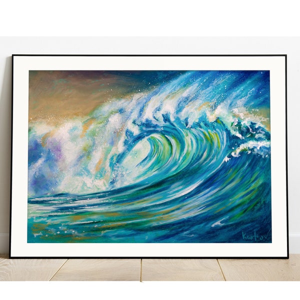 Ocean Wave - Printable Oil Pastel Painting, Stormy Sea Sunset, Digital Water Wall Art Gift, Modern Abstract Seascape, Coastal Beach Print