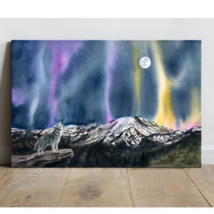 Einsamer Wolf Heulen, Nordlichter - Leinwand Kunstdruck, Vollmond Aurora Berge Handgemachte Aquarell Malerei Landschaft home-Office Kunstwerk