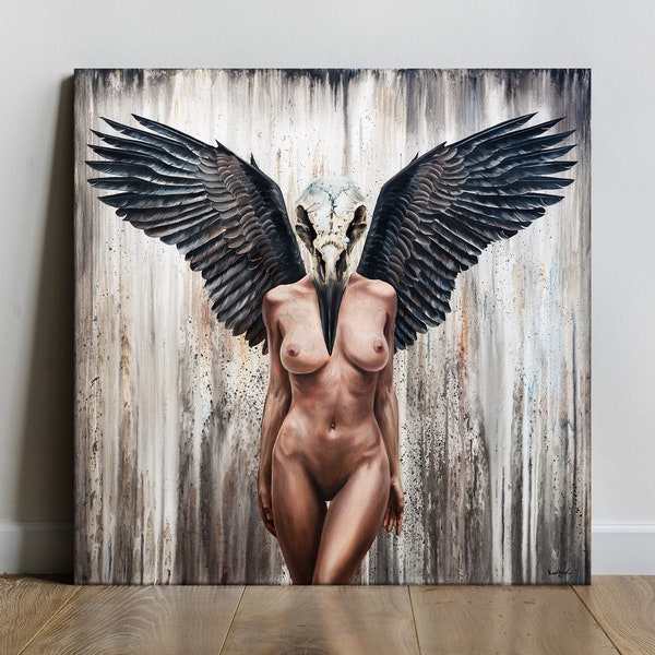 Black Wings Goddess Oil Painting - Canvas Fine Art Print, Morrigan Witchy Raven Skull Strong Goth Woman, Celtic Norse Beautiful Female Body