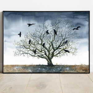 Ravens Tree Canvas & Paper Stampa artistica su carta, acquerello fatto a mano Corvo nero Uccello Magia Huginn Muninn Decorazione per la casa Horror Mistico Wicca Arte murale