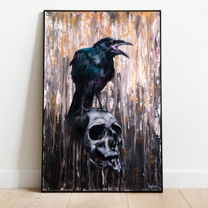 Dipinto ad olio di corvo su teschio - Stampa artistica su tela e carta, Valhalla Wall Art, arredamento per la casa Magic Bones, Wicca Gothic Mystical Odin Crow