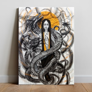 Regina dei Draghi - Stampa artistica, Tela Carta Giclée Dipinto anime fatto a mano Orientale Dark Fantasy Orientale Asiatico Dea Strega Donna Dio