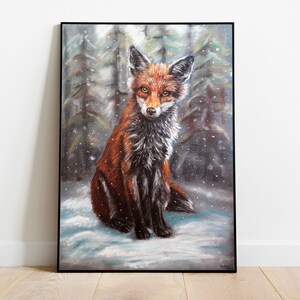 Disegno a pastello di volpe rossa nella foresta invernale - Stampa su tela, Decorazione per la casa con pittura di neve di Natale con animali, Arte murale fatta a mano con animali di Capodanno