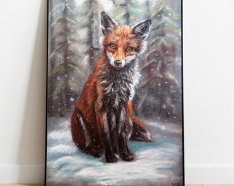 Red Fox in Winter Forest Pastel Drawing - Canvas Paper Print, Animal Christmas Snow Painting home decor, Handmade New Year Animal Wall art