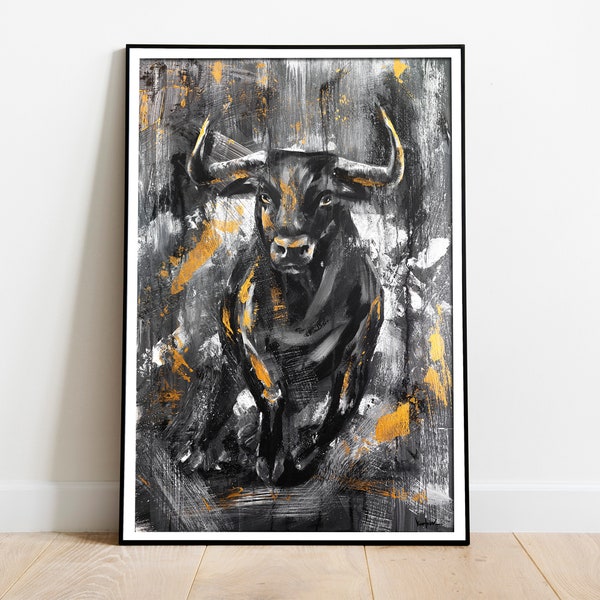 Bull Abstract Painting - Wall Art Print, Canvas Paper Texture Home Decor, Oil Acrilyc Large Cow Black White Gold, Wild Rodeo Corrida Animal