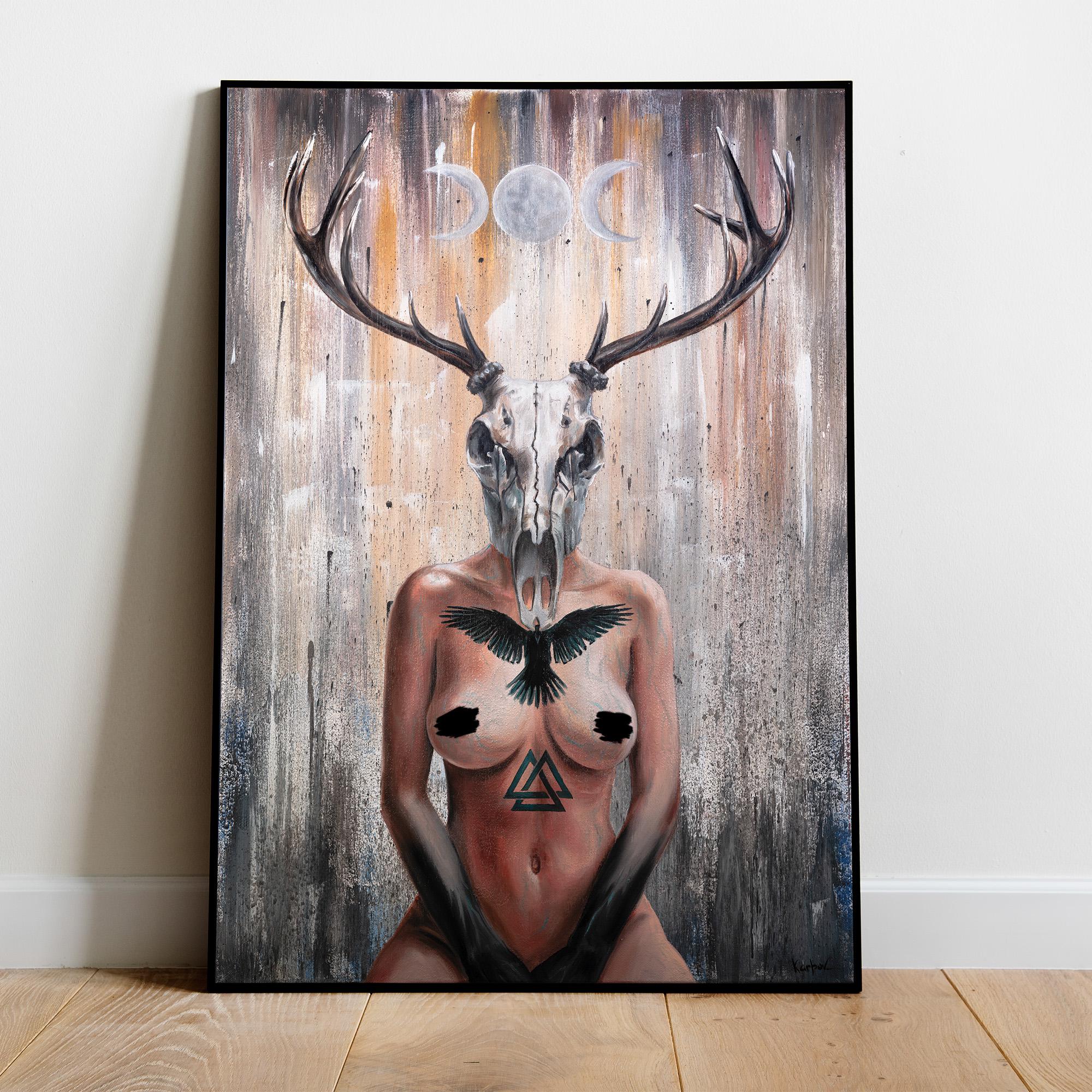 Goddess Witch Fine Art Print, Oil Artwork Canvas, Deer horned skull, Norse Raven Valknut Triple Moon, Celtic Wiccan Woman, Valhalla wall Art