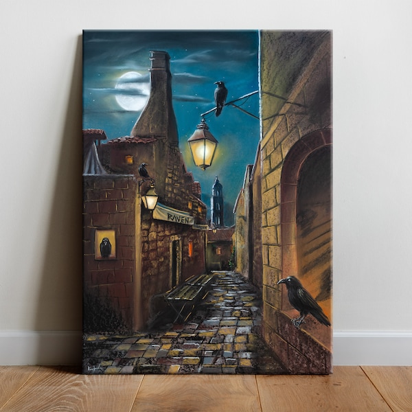 Night Street Ravens - Canvas fine Art Print, Handmade Pastel Painting Dark City Architecture Full Moon Street Lamp Goth Black Crows Wall Art