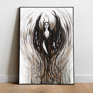 Dipinto della dea Lilith - Stampa artistica su tela, dipinto a mano Dark Fantasy Femmina Demone Dio Sigillo nero Strega Donna Wiccan Altare decorazione arte murale