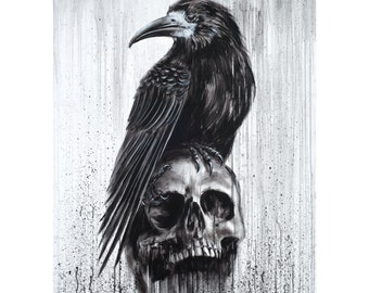 40x28 Original Gemälde - Gawron auf Schädel, Handgemachtes Acryl Öl Schwarzer Rabe Vogel Krähe Dark Fantasy Horror Gothic Home Office Wandkunst