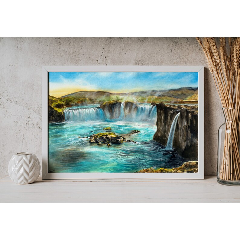 Watercolor Waterfall - Canvas Art Print, Handmade Painting, Godafoss ...