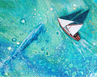 Ocean Yacht Boat Whale - Print, Summer Painting wall art picture, Blue Sea Yachting, Ukrainian Art, Canvas Painting, Abstract Bathroom Decor