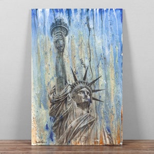 Pintura original - Estatua de la Libertad, técnica mixta hecha a mano NYC Dibujo Acrílico Bellas Artes Ciudad de Nueva York American Hecate Abstract USA Wall Art