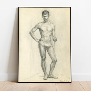 Young Man Posing, Academic Realistic Drawing, Home Decor Studio, Male Muscle Body Wall Art, Paper Canvas Print, Art, Handsome Athletic Guy