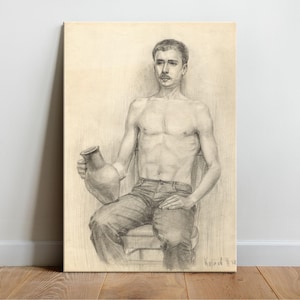 Junger Mann Posiert mit Krug - Leinwand & Papier Fine Art Print, Akademische realistische Zeichnung, Home Studio, Wandkunst, Männliche Muskel Körper Wandkunst, Athletischer Typ