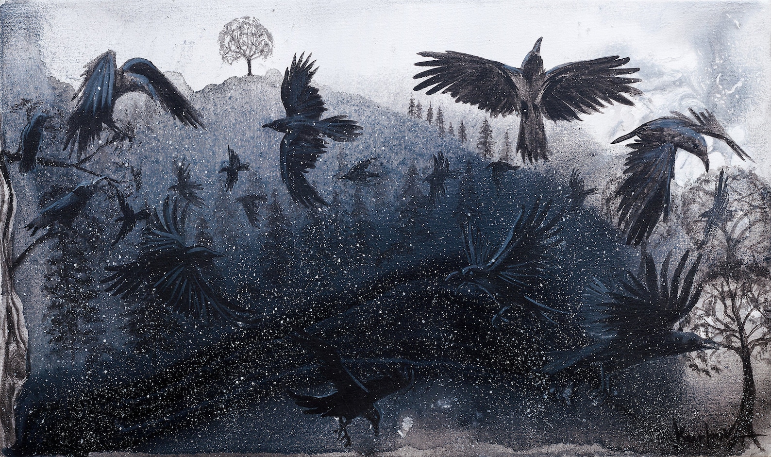 Mystical Black Ravens Flock Print Painting Wall Art Etsy UK