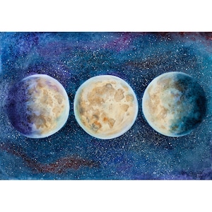 Mondphasen - Leinwand & Papier Kunstdruck, Vollmond Aquarell Malerei, Mystische Wicca Dreifache Göttin, Bild Magie Witchcraft Wandkunst