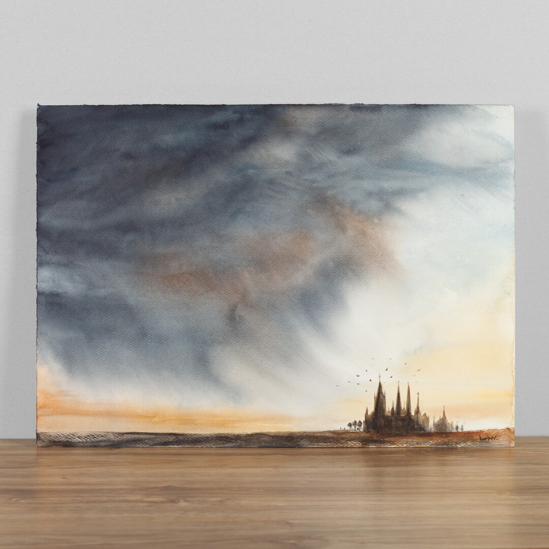 Gothic Cathedral Under Stormy Sky - Original Watercolor Painting ...