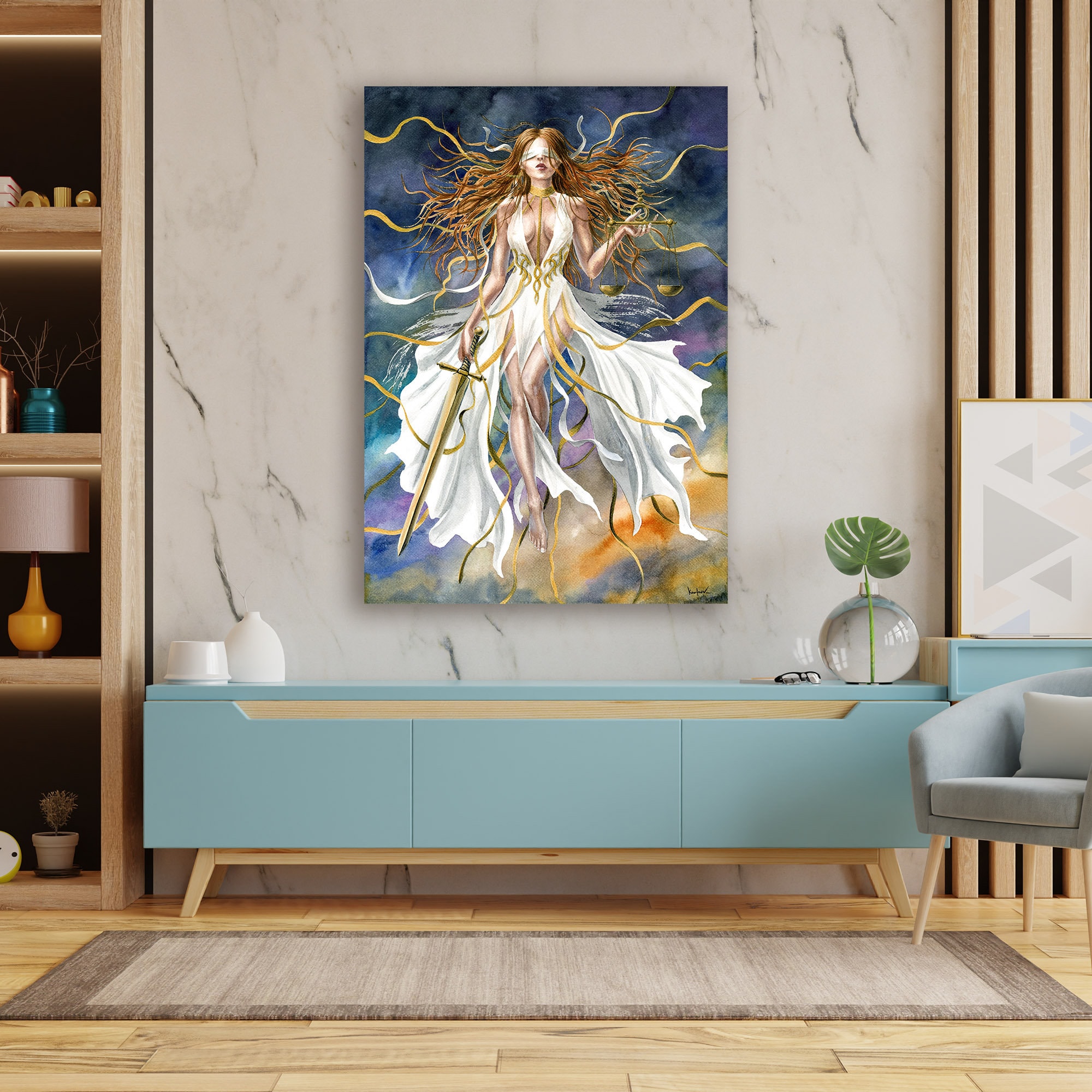 正義の女神の絵画 - キャンバスファインアートプリント、水彩画の正義