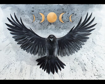 Black Raven & Golden Moon Phases - Art Print, Flying Raven Watercolor Crow, Magic Bird home decor, Painting, Mystical White Wall art Gift