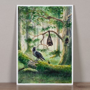 Pittura ad acquerello originale - Corvo e pipistrello nella foresta, corvo fatto a mano, animali selvatici, uccelli, boschi, muschio, tronco, sole primaverile, natura, paesaggio, arte della parete
