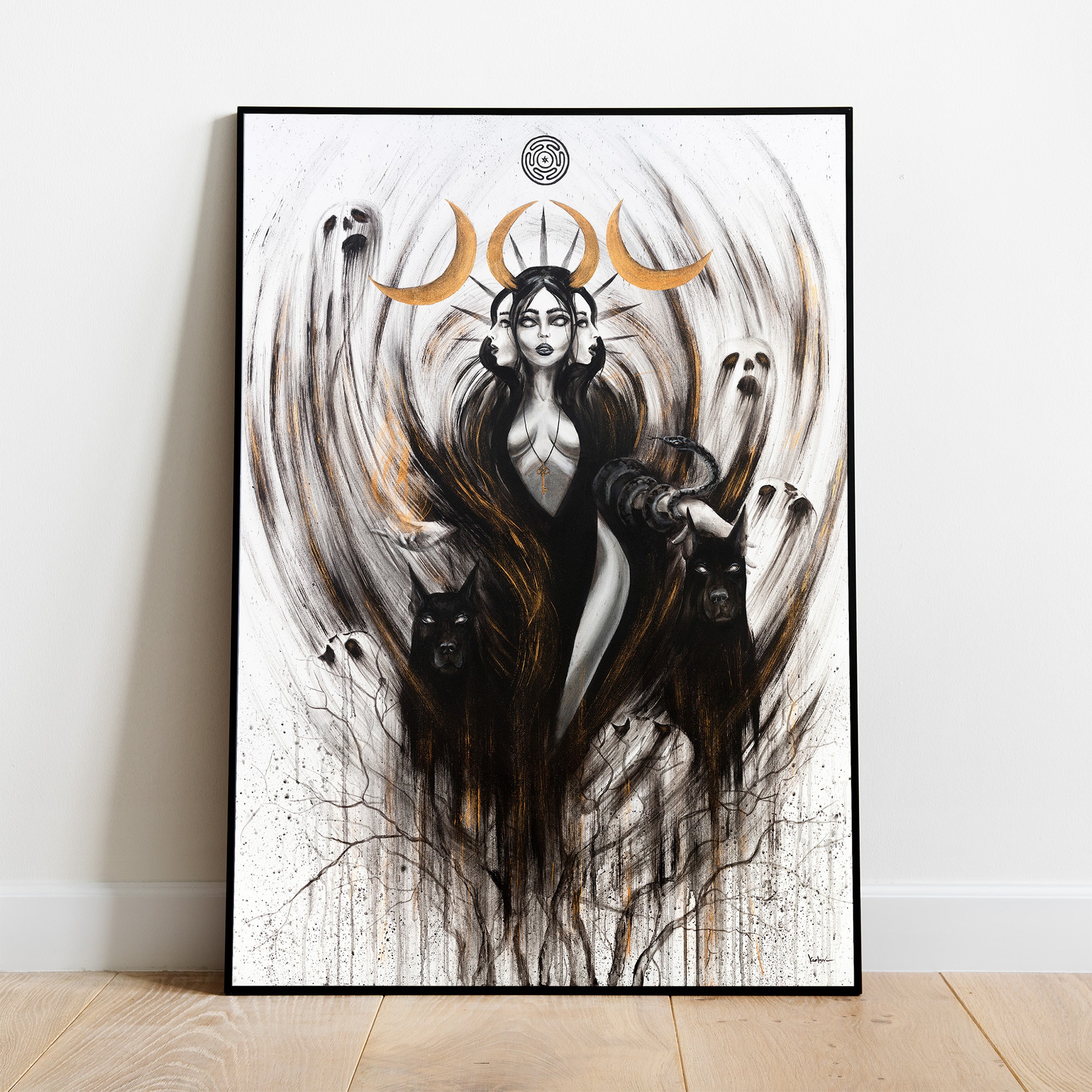 Hecate Goddess Painting - Canvas Art Print, Hand Painted Dark Fantasy Female Triple Moon God Black Witchy Woman Wiccan Altar decor wall art