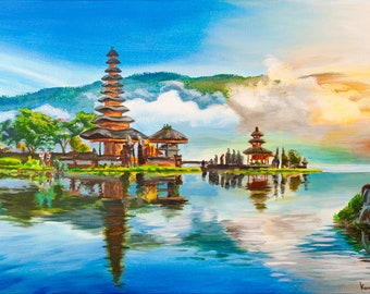 Bali peint - impression, papier et toile, peinture d'art mural, art du lac de Bratan, paysage, image de temple de ciel de montagne, art mural d'Indonésie