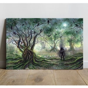 Birth of Werewolf - Canvas & Paper Art Print, Watercolor Painting Ravens Forest Dark Fantasy Woods Night Full Moon Gothic Mystical Landscape
