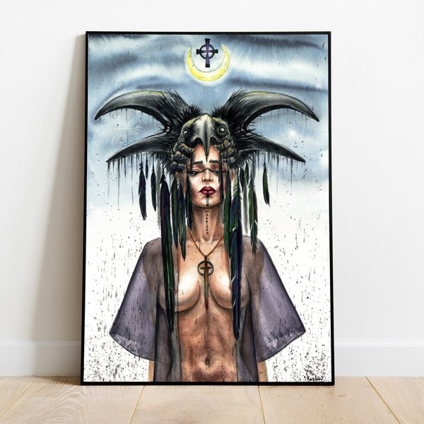 Morrigan Goddess Painting - Canvas Art Print, Watercolor Strong Woman Celtic God, Pagan Raven Head Crow Feathers, Witchy Wiccan Woman decor