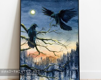 May include: A framed watercolor painting depicting two black ravens perched on bare tree branches against a starry night sky with a bright moon. Below the branches, a dense forest is visible with a soft orange glow near the horizon line.