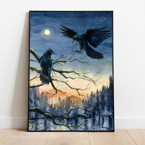 Huginn & Muninn - fine Art Print, Black Ravens of Odin, Handmade Watercolor Crow, Norse Mythology Magic home decor, Mystical Canvas Wall Art