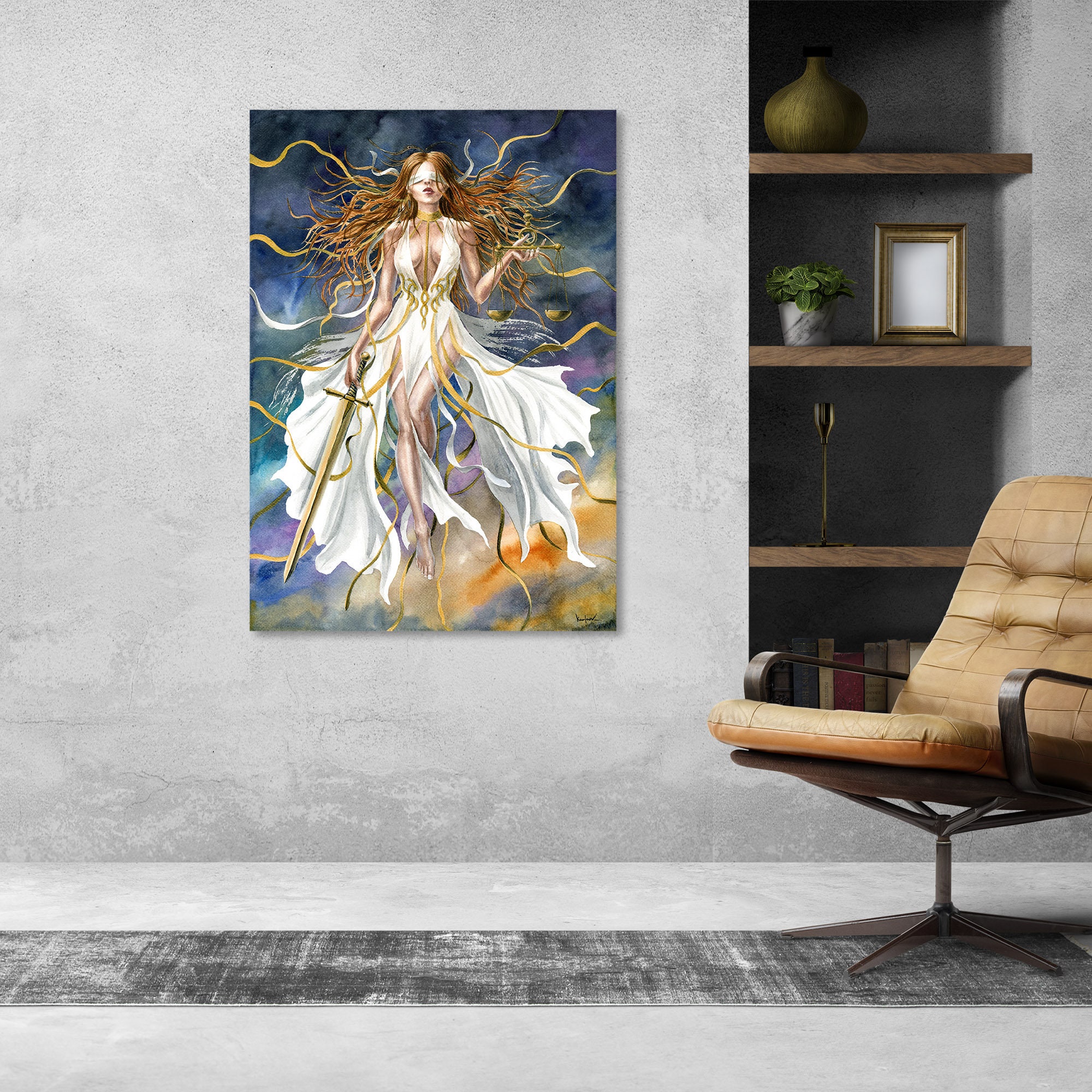 正義の女神の絵画 - キャンバスファインアートプリント、水彩画の正義