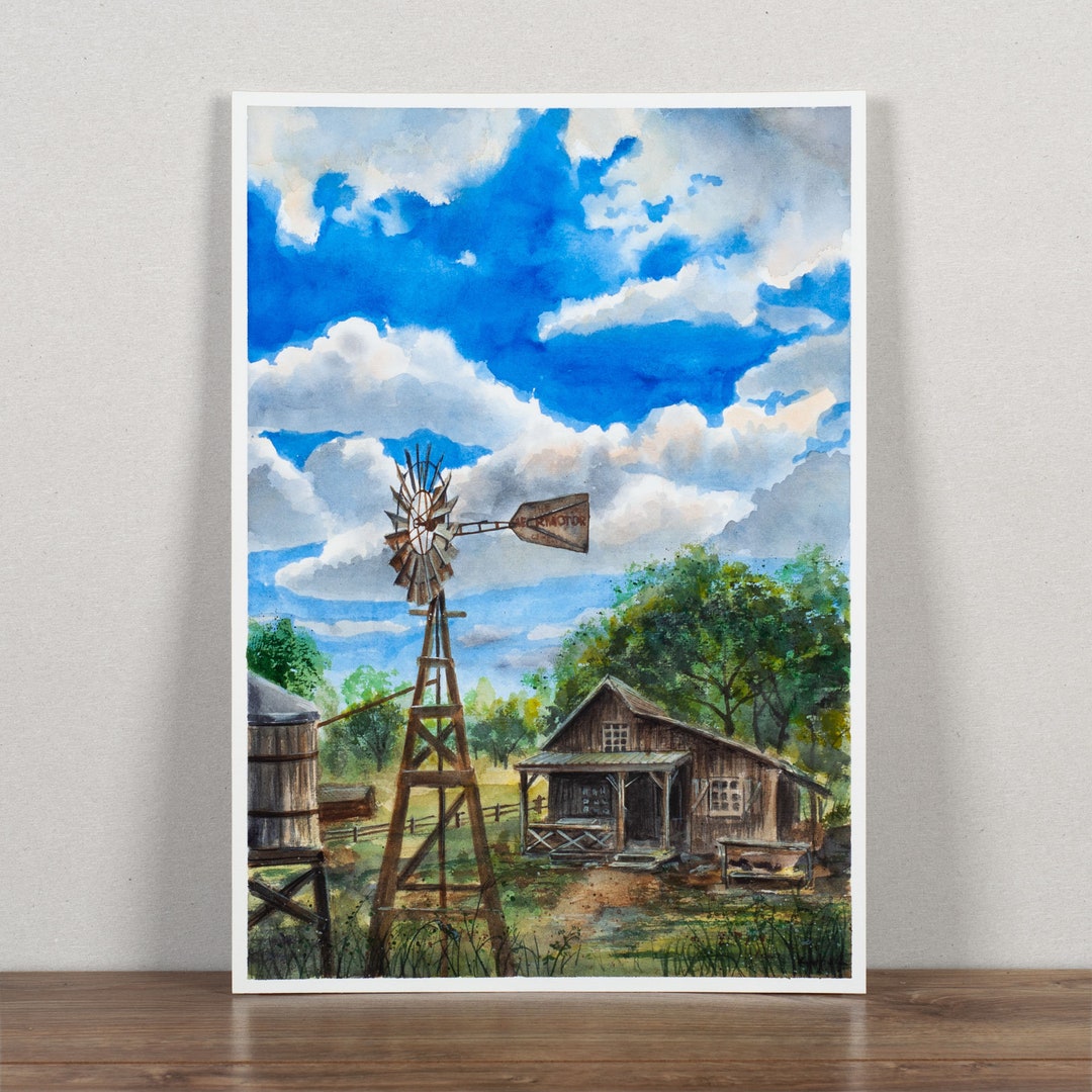 Original Watercolor Painting - Old Farm, Handmade Countryside Western ...