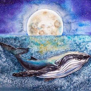 Ballena Jorobada Luna Acuarela Pintura - Impresión de arte, Sealife Underwater Nursery Night Sky Kids decoración del hogar, Arte de la pared Lienzo Papel Regalo Giclee