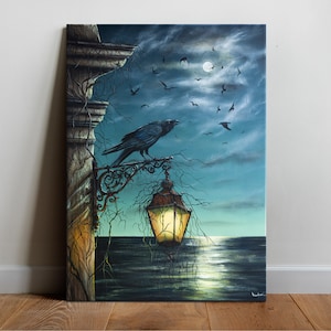 Corvi al chiaro di luna - Stampa artistica su tela, dipinto fatto a mano, lampione vintage, gotico, corvo, acrilico, mare, sentiero lunare, cielo notturno, casa, ufficio