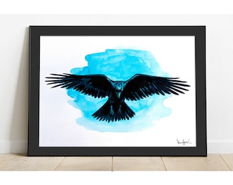 Printable Black Raven Painting, Drawing Blue Digital Wall Art, Instant download Wicca Crow Handmade, Print Magic File, Mystical Home Decor