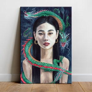 Señor de los dragones orientales: impresión artística en lienzo y papel, pintura de acuarela de dragón barbudo, bruja coreana, fantasía asiática, arte de pared místico