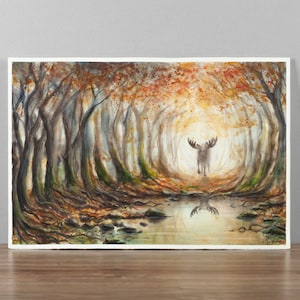 May include: Watercolor painting of a moose walking through a forest path with autumn leaves. The path is lined with trees and there is a stream of water in the foreground.