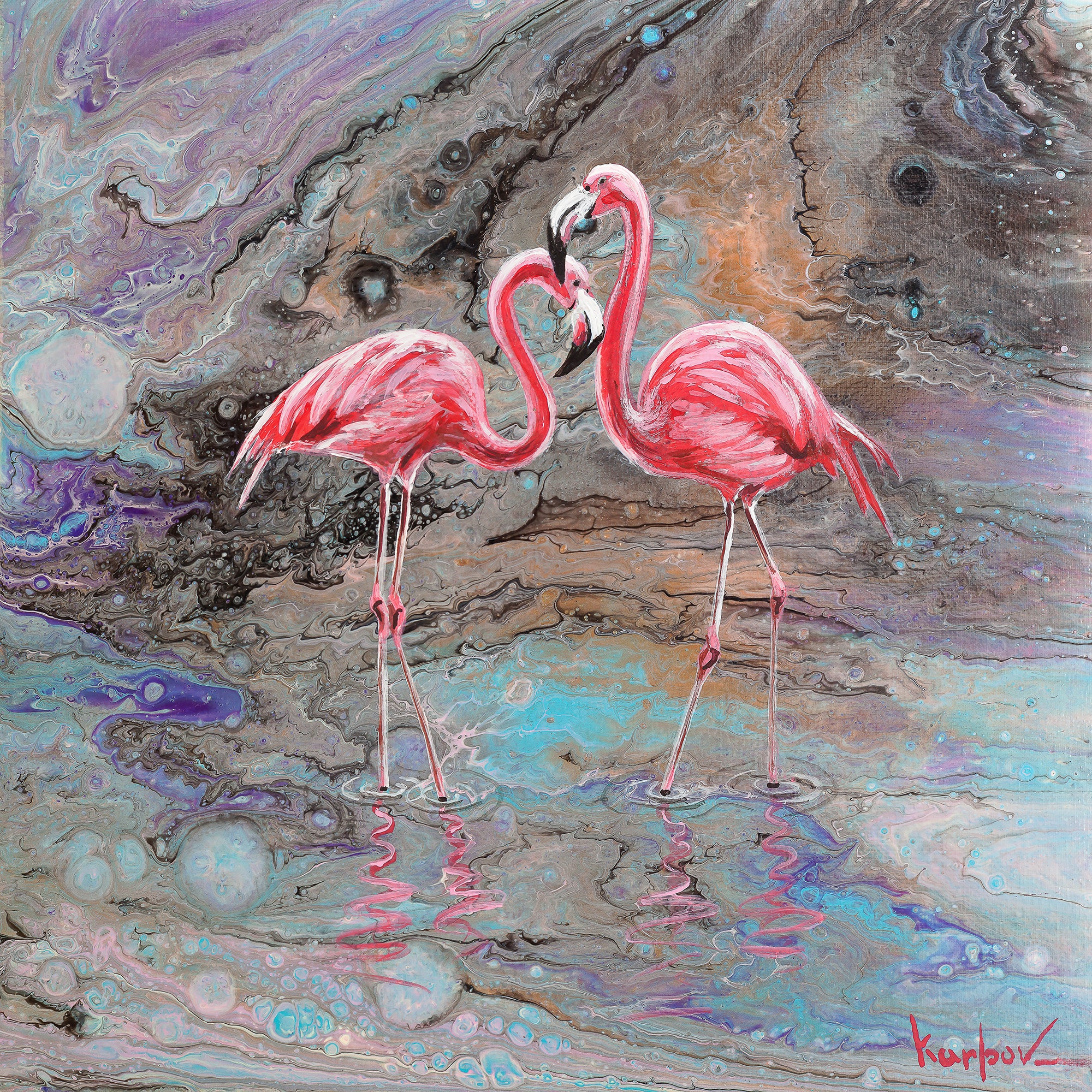 Pink Flamingos Couple -  canvas & paper fine art print, From hand painted artwork.