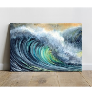 Big Sea Wave - Canvas Art Print, aquarel Giclee, handgemaakte oceaan zeegezicht stormachtige golven blauw turkoois groen kunst wand decor