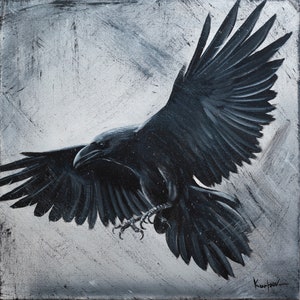 Corvo nero di Odino che vola - Stampa artistica su tela e carta, pittura magica Montagna vichinga, Corvo mistico oscuro Norreno Wiccan Tela Strega arte murale