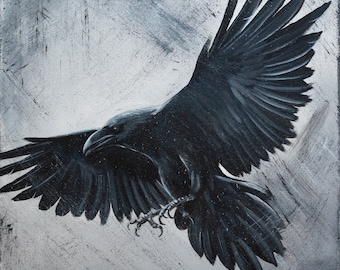 Black Raven of Odin Flying - Canvas & Paper Art Print, Magic Painting Viking Mountain, Dark Mystical Norse Wiccan Crow Canvas Witch wall art