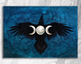 Black Raven & Triple Moon Phases - Canvas Art Print, Flying Crow Watercolor, Magic Night Sky Bird home wall decor, Painting Mystical Viking