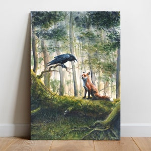 Floresta de Corvos e Raposas - Impressão em tela de belas artes, aquarela feita à mão, galho de corvo cacarejante, animal selvagem, raposa, primavera, natureza, paisagem, arte de parede