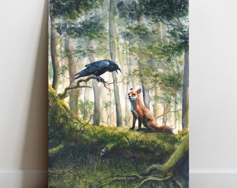 Raven & Fox Forest - Canvas fine Art Print, Handmade Watercolor Cawing Crow Branch Wild Foxy Animal Spring Nature Landscape Artwork Wall Art