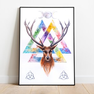 Testa di cervo magica - Stampa artistica su tela e carta, pittura ad acquerello, ritratto Wicca Triquetra Valknut Wall Art, Triple Moon Phases Wall Art