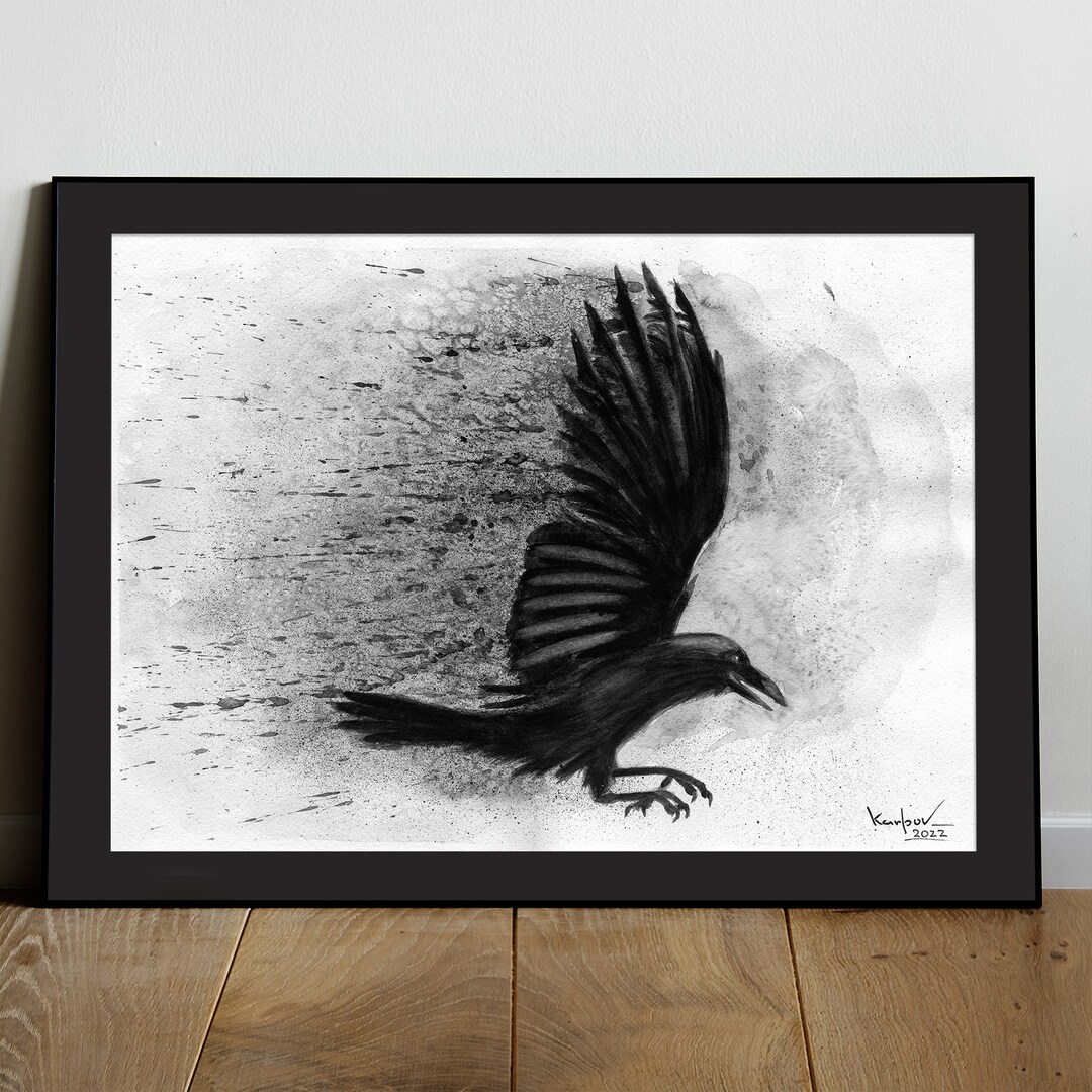 Flying Black Raven Ink - Canvas & Paper Fine Art Print, Giclee From ...