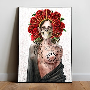 Dipinto di Santa Muerte - Stampa artistica su tela, acquerello, dea pagana messicana, donna, morte sacra, altare femminile, culto, nero, rosso, bianco, oro, decorazione artistica
