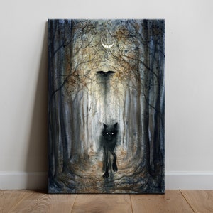 Ghost of the Black Wolf - Leinwand Kunstdruck, Aquarell Bild Rabe Geist Herbst dunkel Fantasie Gothic Wald Nacht Mond mystisch Landschaft