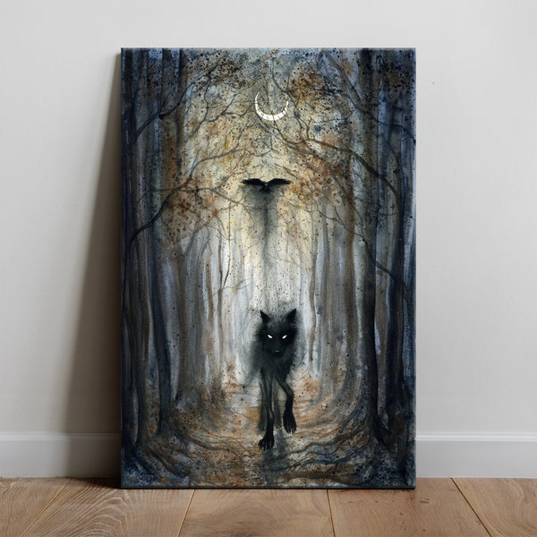 Ghost of the Black Wolf - Canvas Art Print, Watercolor Painting Raven Spirit Autumn Dark Fantasy Gothic Forest Night Moon Mystical Landscape
